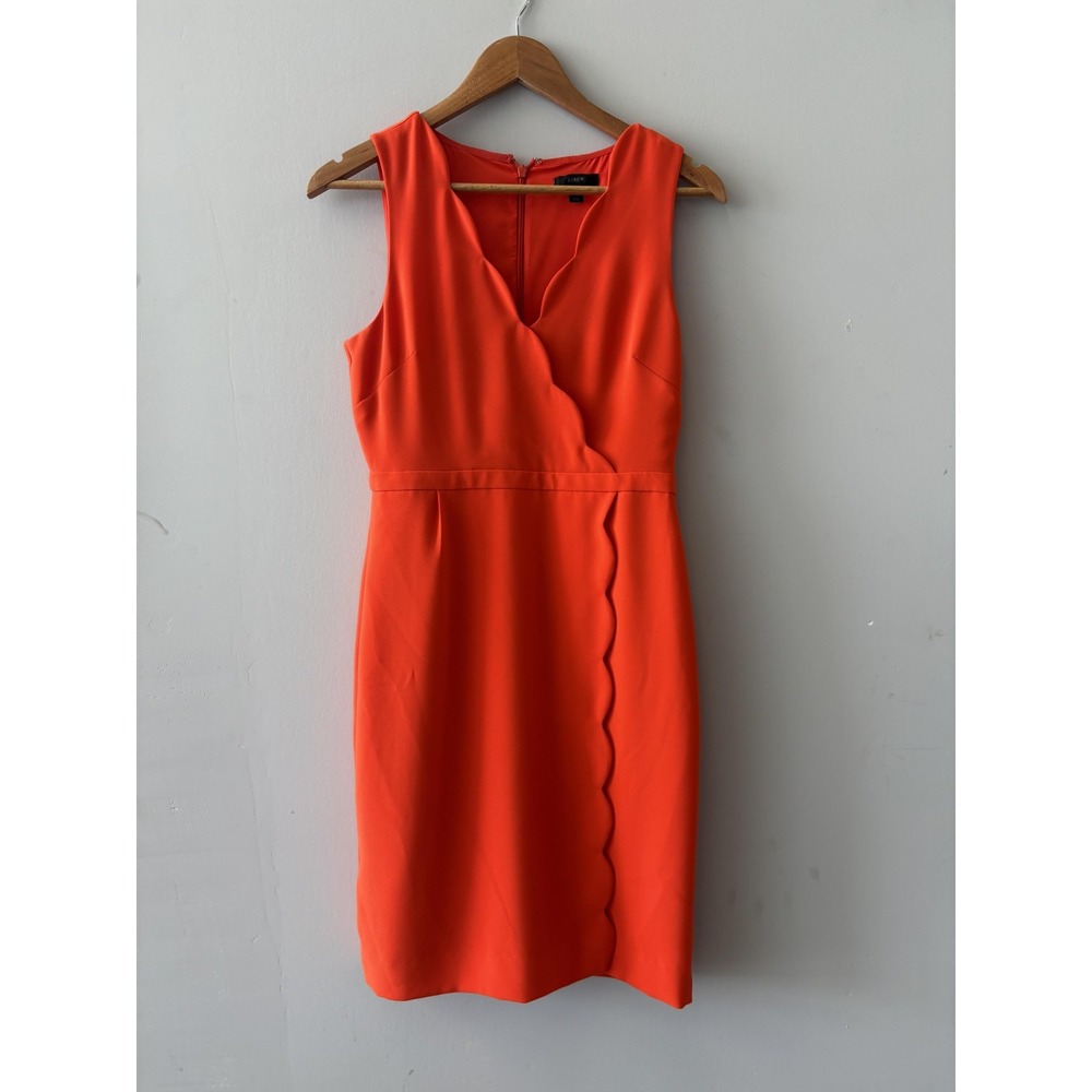 J.Crew Dress Womens 4 Orangeโ Scallop V Neck Sheath Sleeveless Knee Length